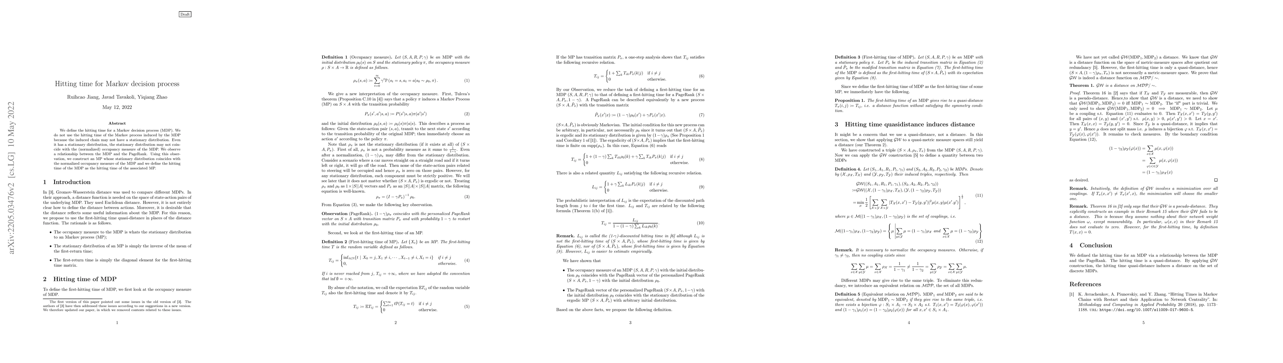 Thumbnail for Hitting time for Markov decision process