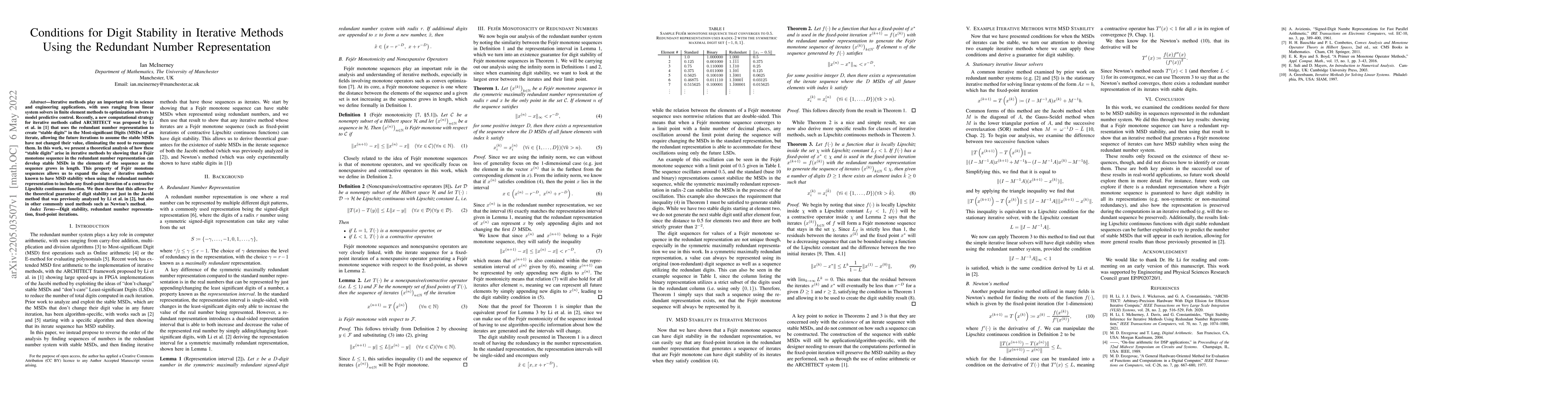 Thumbnail for Conditions for Digit Stability in Iterative Methods Using the Redundant
  Number Representation