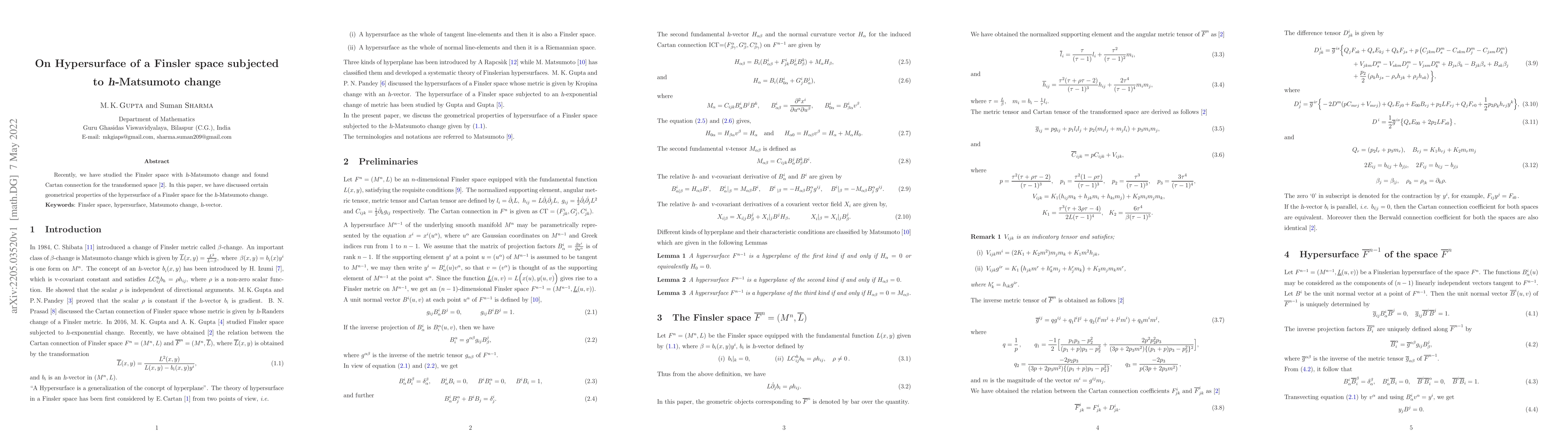 Thumbnail for On Hypersurface of a Finsler space subjected to h-Matsumoto change