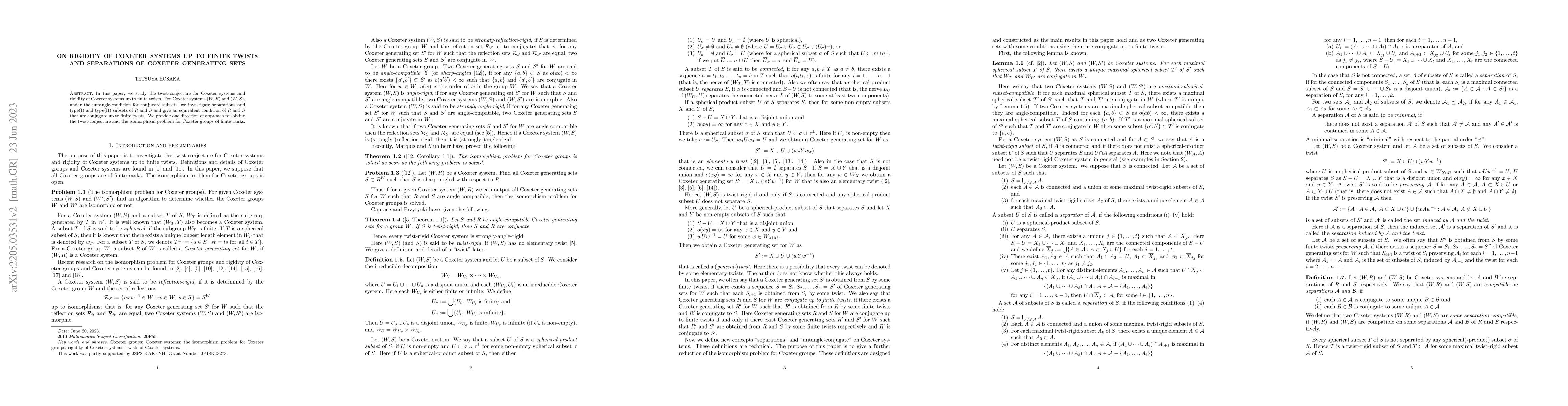 Thumbnail for On rigidity of Coxeter systems up to finite twists and separations of
  Coxeter generating sets