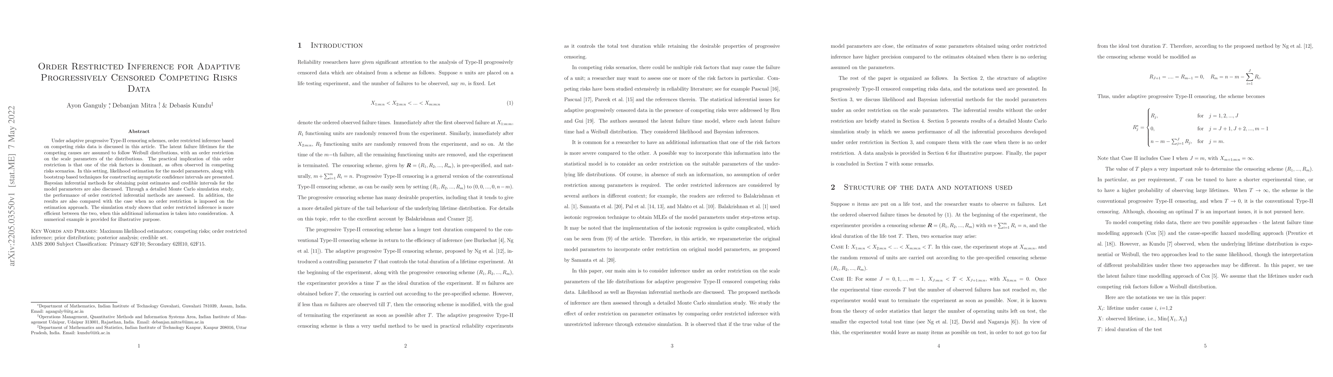 Thumbnail for Order Restricted Inference for Adaptive Progressively Censored Competing
  Risks Data