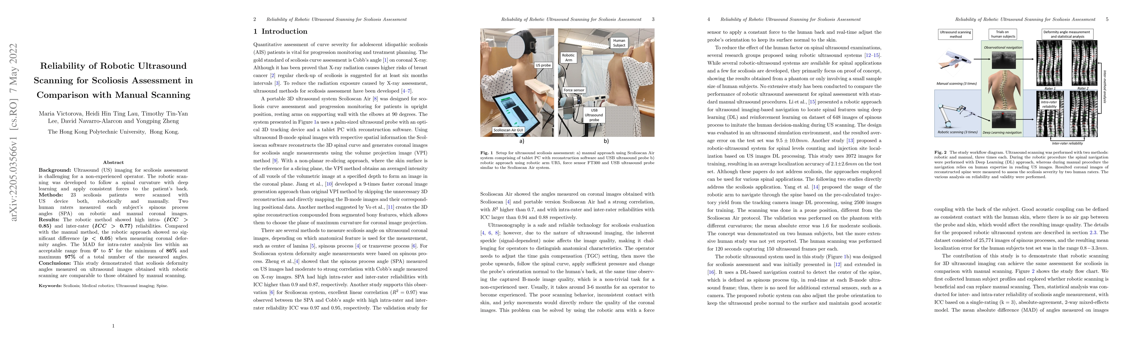 Thumbnail for Reliability of Robotic Ultrasound Scanning for Scoliosis Assessment in
  Comparison with Manual Scanning