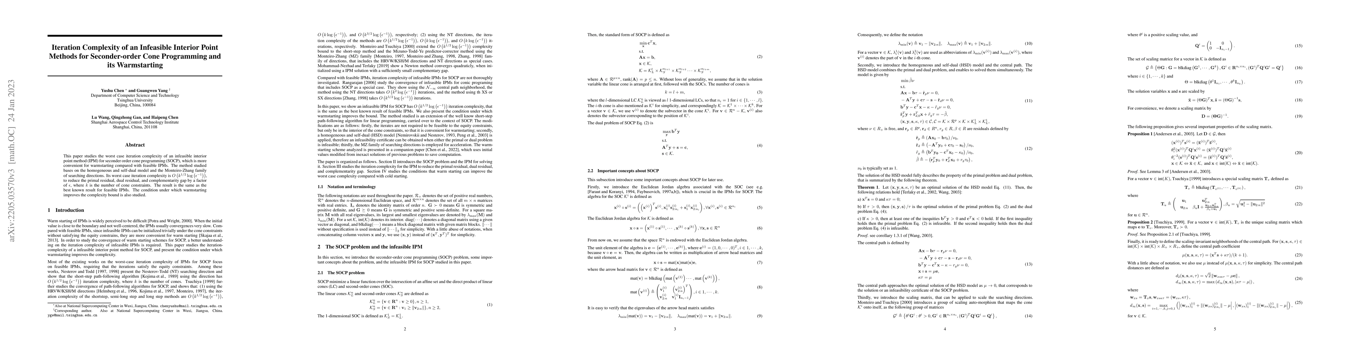 Thumbnail for Iteration Complexity of an Infeasible Interior Point Methods for
  Seconder-order Cone Programming and its Warmstarting