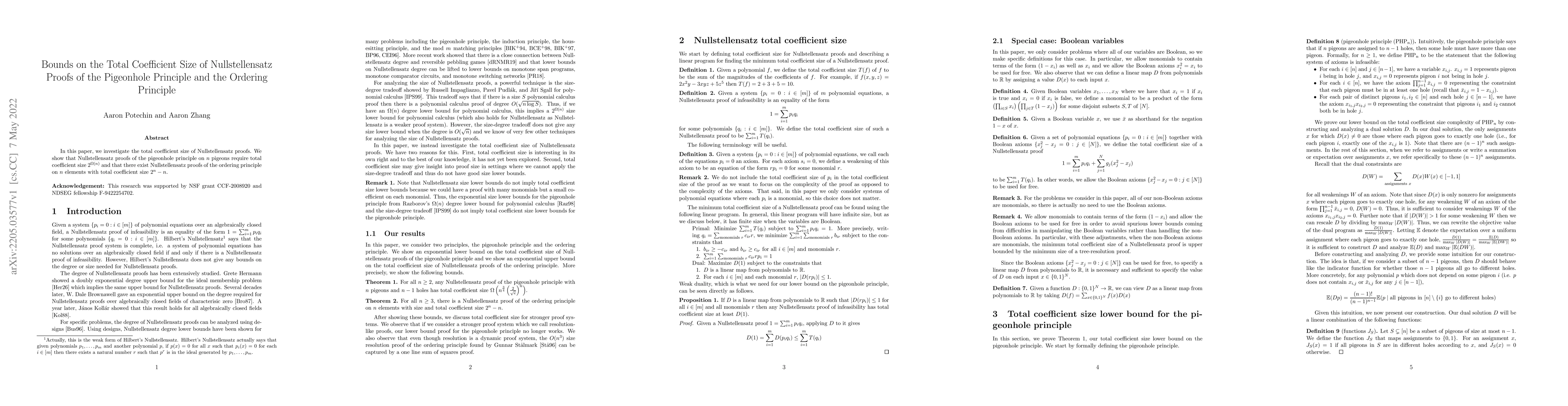 Thumbnail for Bounds on the Total Coefficient Size of Nullstellensatz Proofs of the
  Pigeonhole Principle and the Ordering Principle