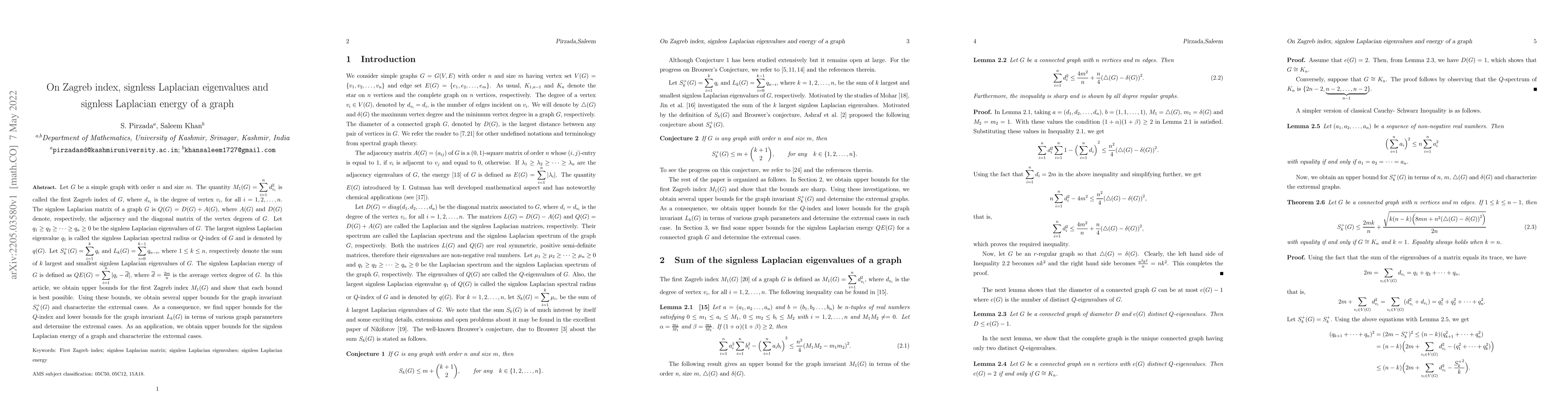 Thumbnail for On Zagreb index, signless Laplacian eigenvalues and signless Laplacian
  energy of a graph