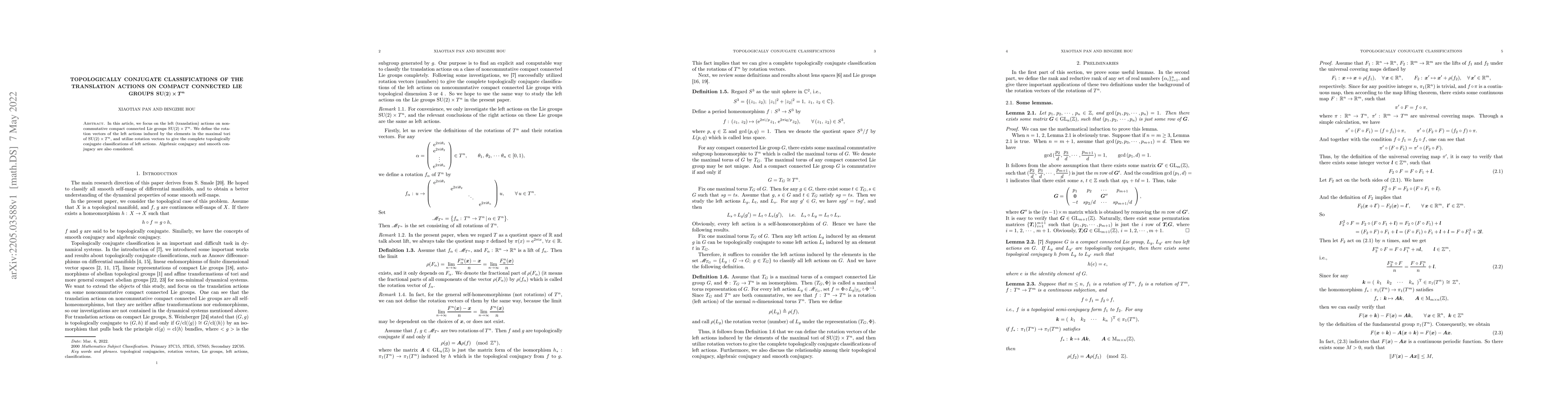 Thumbnail for Topologically Conjugate Classifications of the Translation Actions on
  Compact Connected Lie Groups ${\rm SU}(2) \times T^n$