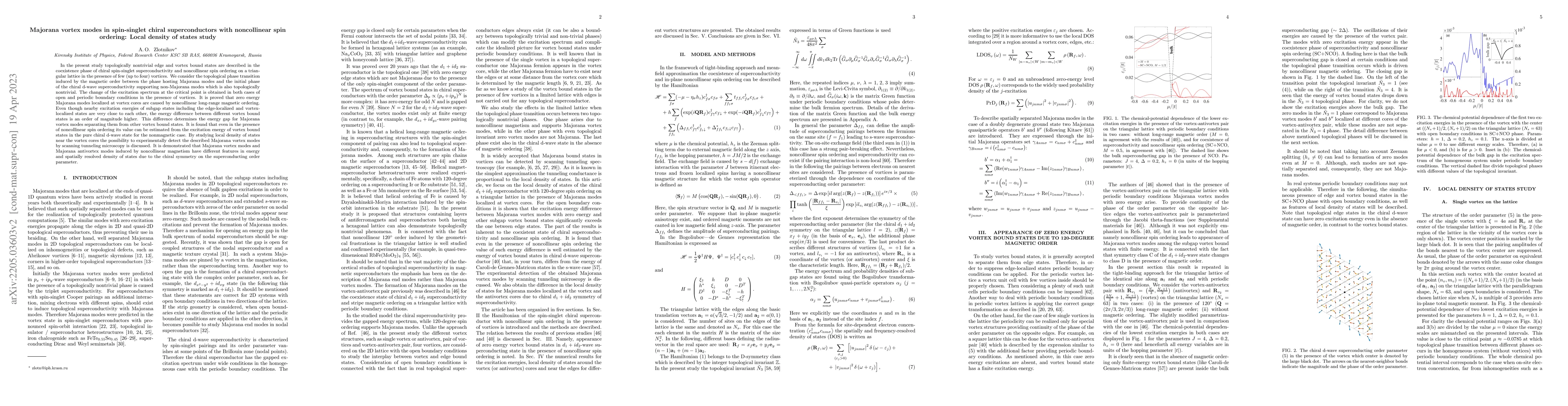 Thumbnail for Majorana vortex modes in spin-singlet chiral superconductors with
  noncollinear spin ordering: Local density of states study