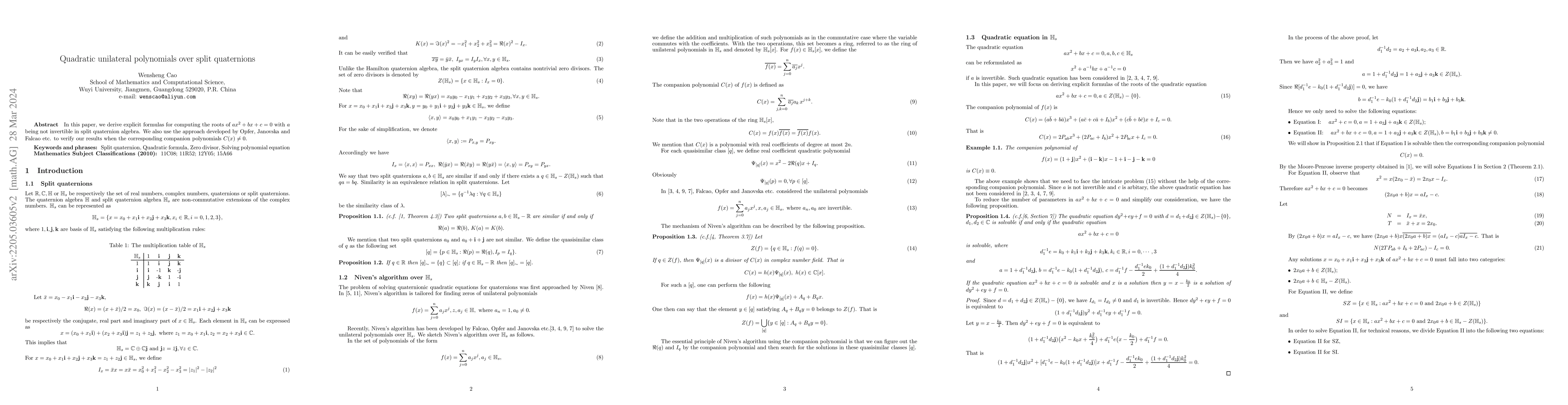 Thumbnail for Quadratic unilateral polynomials over split quaternions