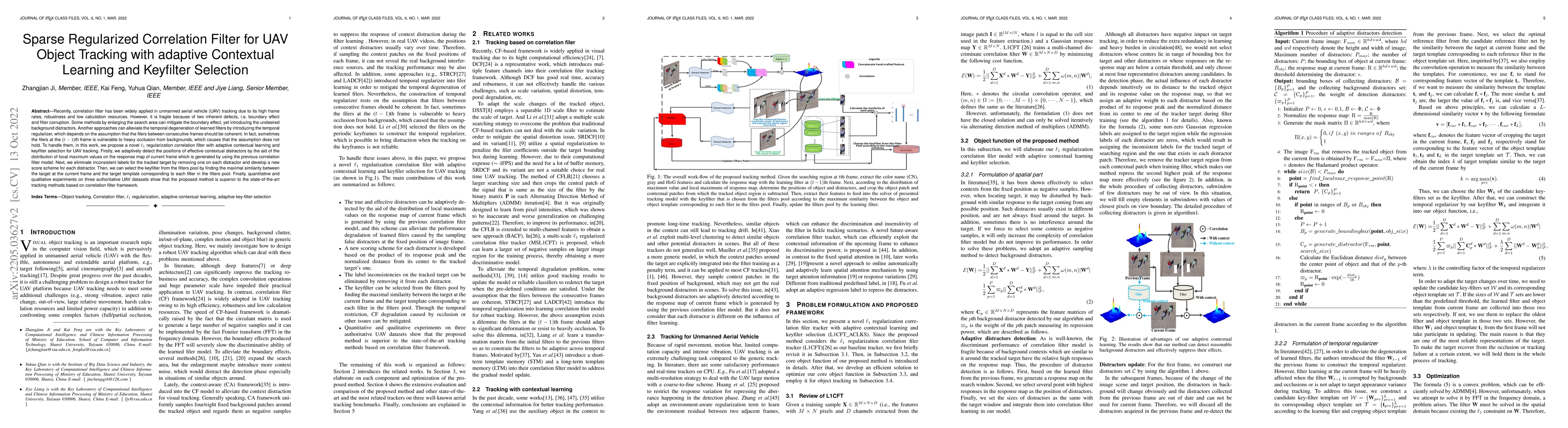 Thumbnail for Sparse Regularized Correlation Filter for UAV Object Tracking with
  adaptive Contextual Learning and Keyfilter Selection