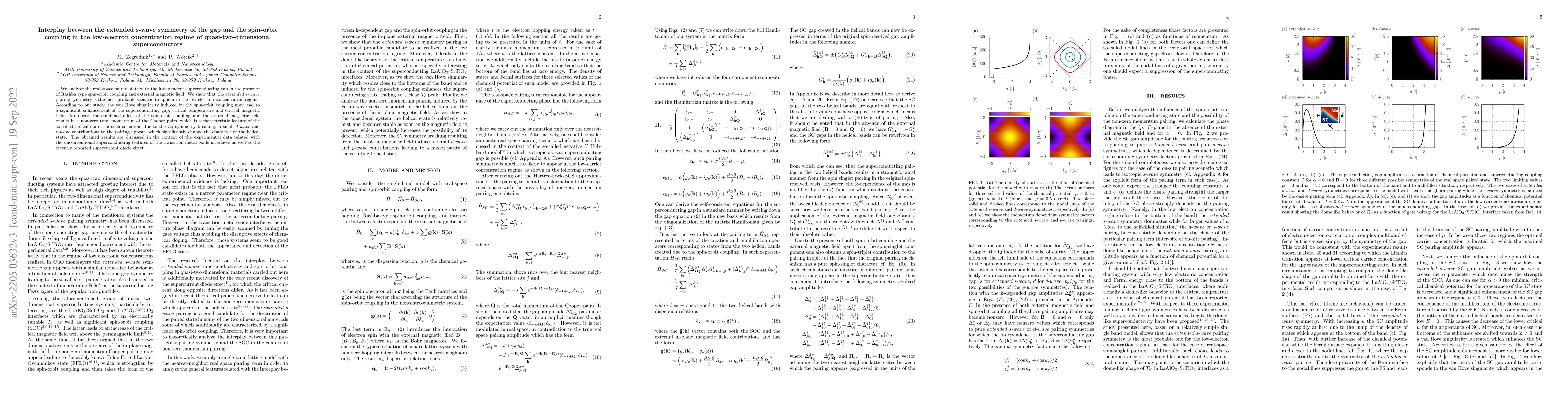 Thumbnail for Interplay between the extended s-wave symmetry of the gap and the
  spin-orbit coupling in the low-electron concentration regime of
  quasi-two-dimensional superconductors