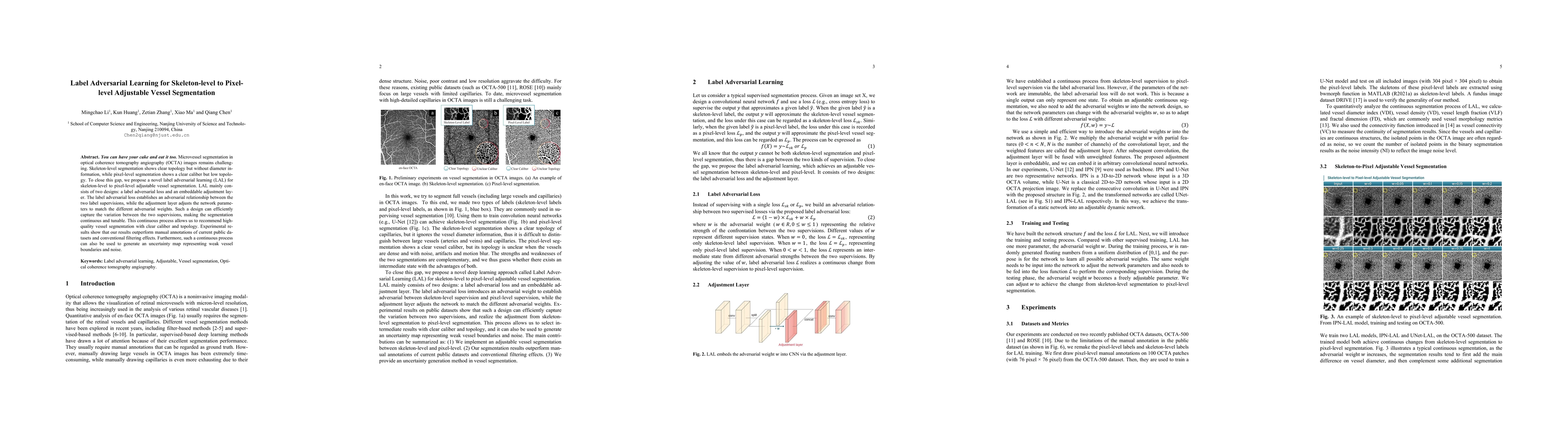 Thumbnail for Label Adversarial Learning for Skeleton-level to Pixel-level Adjustable
  Vessel Segmentation