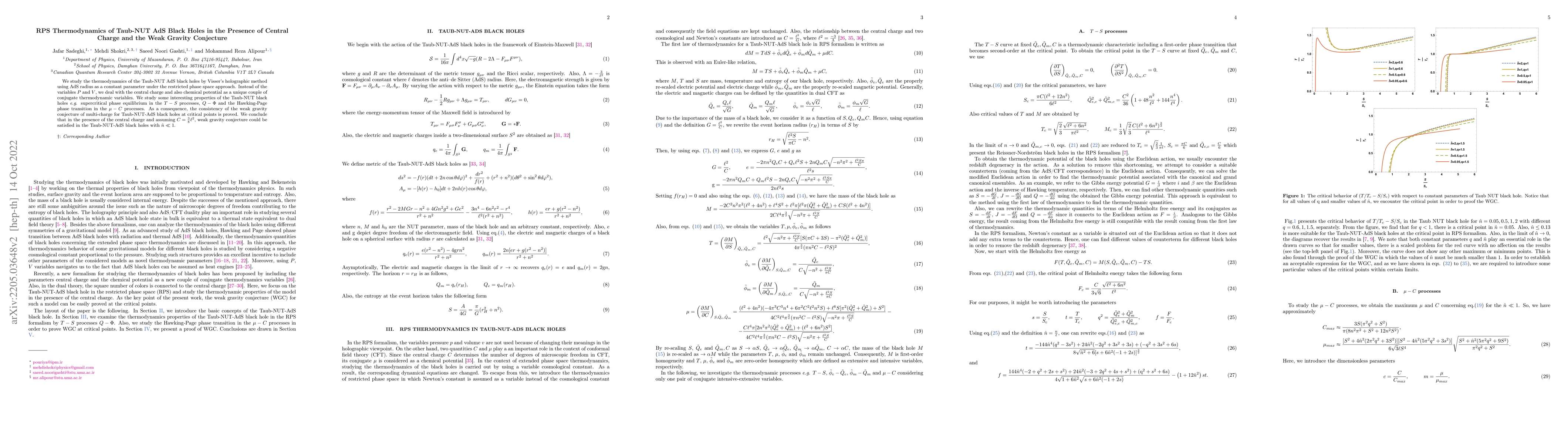 Thumbnail for RPS Thermodynamics of Taub-NUT AdS Black Holes in the Presence of
  Central Charge and the Weak Gravity Conjecture