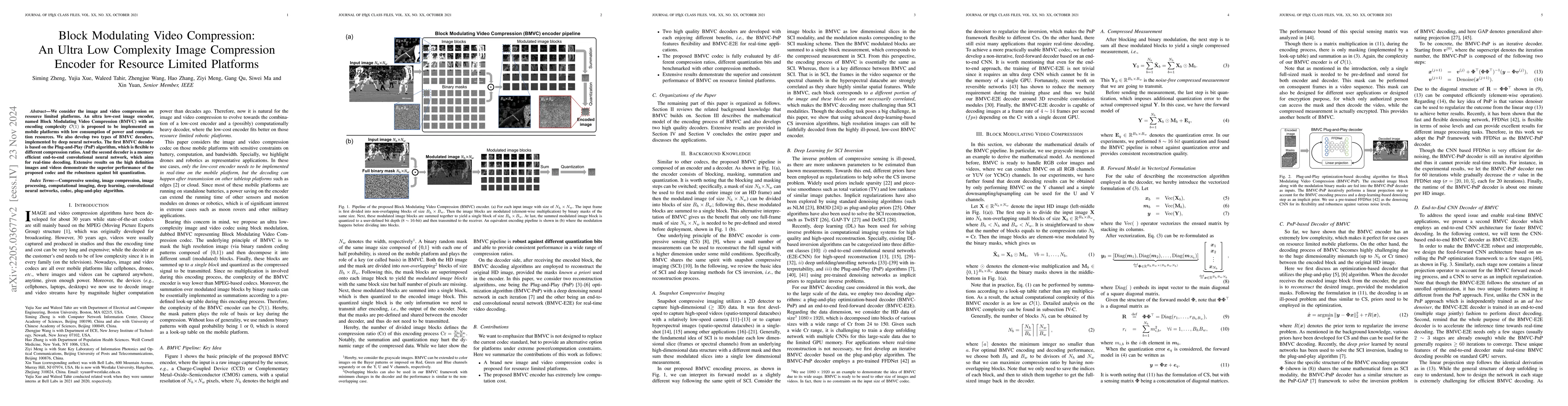 Thumbnail for Block Modulating Video Compression: An Ultra Low Complexity Image
  Compression Encoder for Resource Limited Platforms