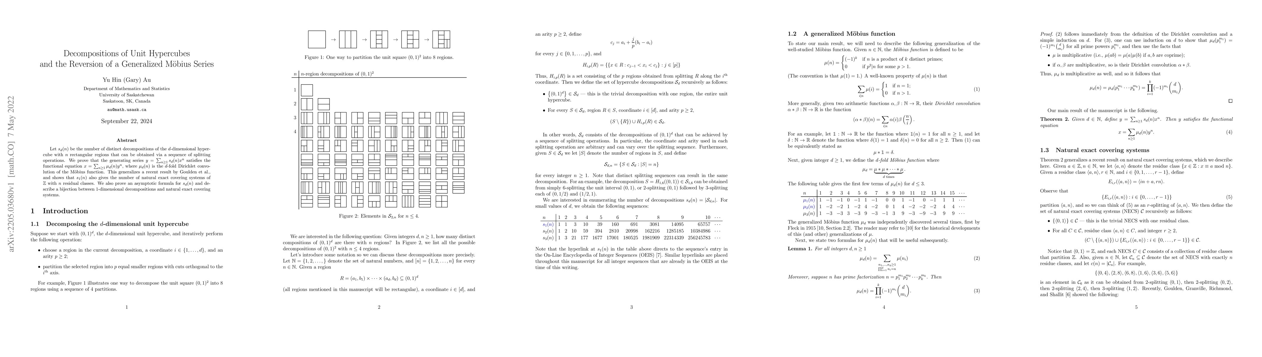 Thumbnail for Decompositions of Unit Hypercubes and the Reversion of a Generalized
  M\"obius Series