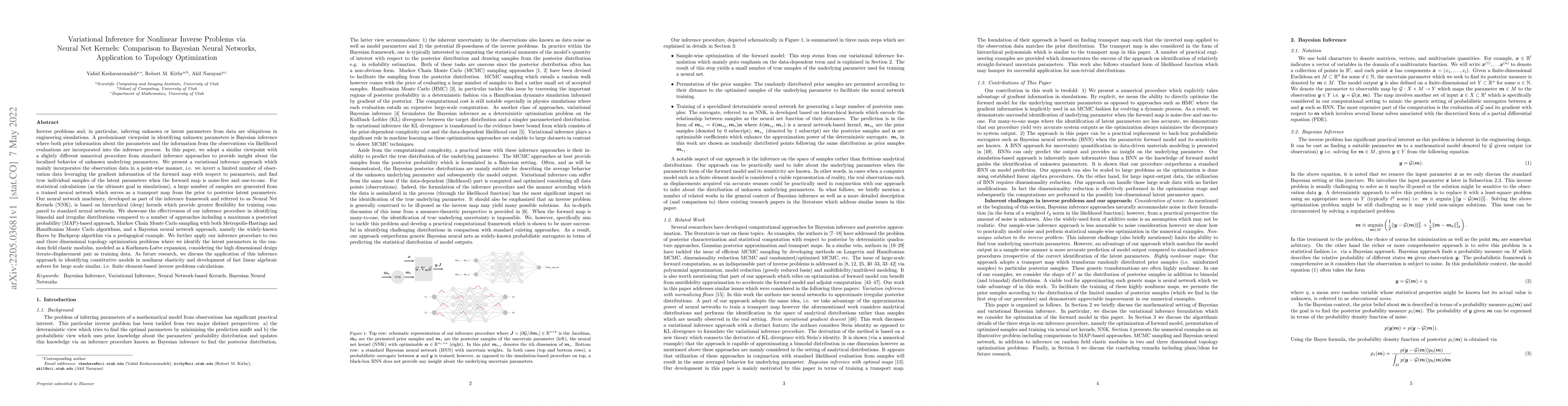 Thumbnail for Variational Inference for Nonlinear Inverse Problems via Neural Net
  Kernels: Comparison to Bayesian Neural Networks, Application to Topology
  Optimization