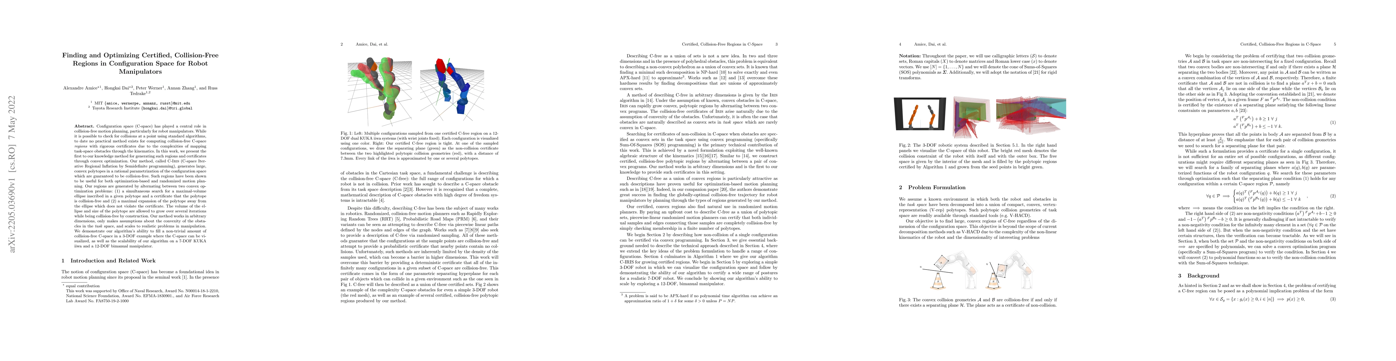 Thumbnail for Finding and Optimizing Certified, Collision-Free Regions in
  Configuration Space for Robot Manipulators