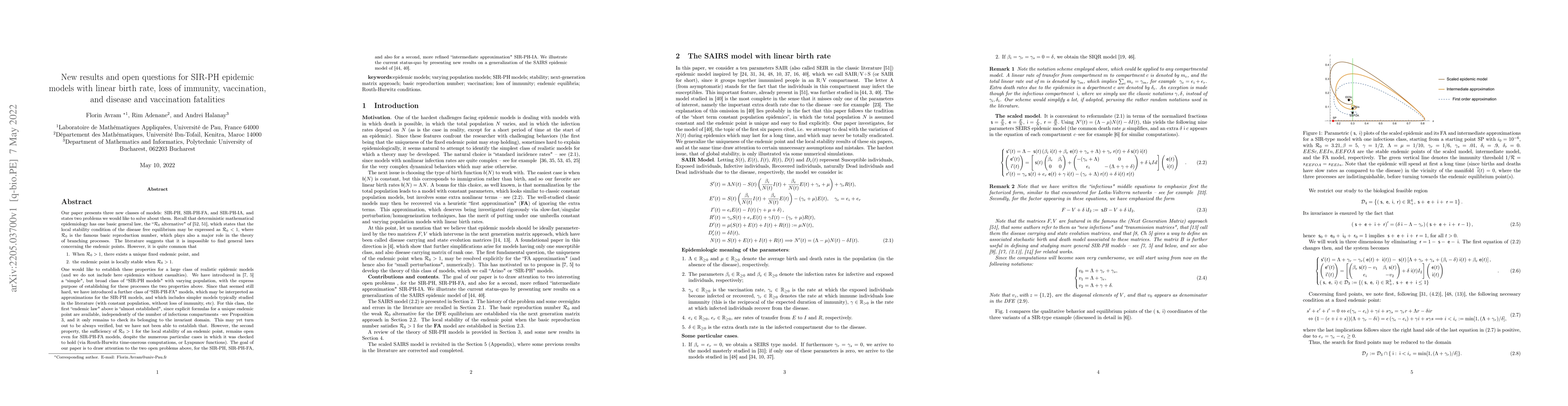 Thumbnail for New results and open questions for SIR-PH epidemic models with linear
  birth rate, loss of immunity, vaccination, and disease and vaccination
  fatalities