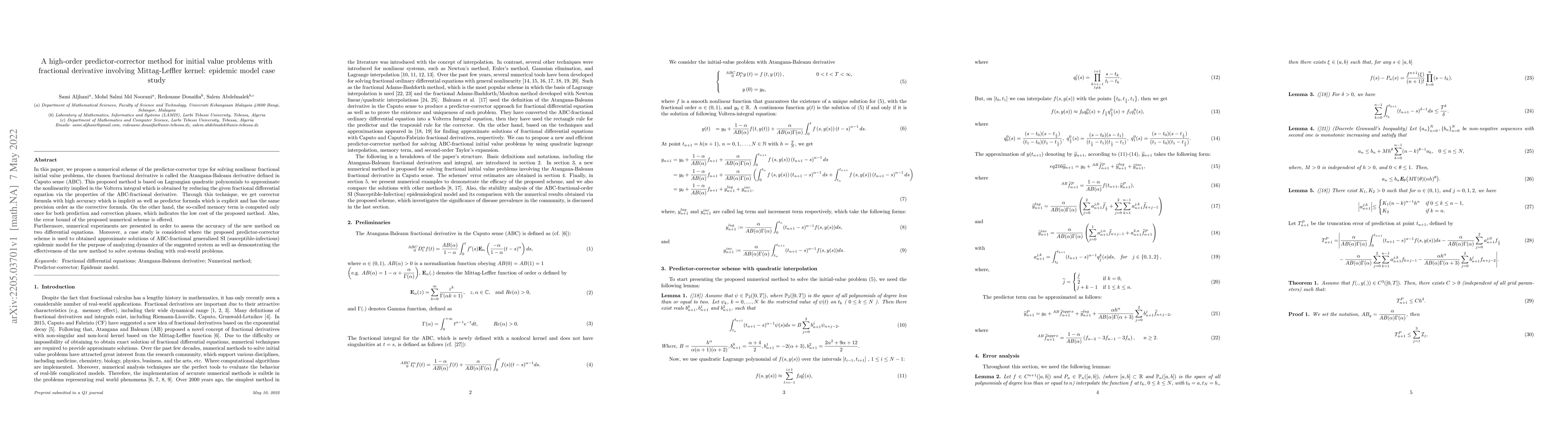 Thumbnail for A high-order predictor-corrector method for initial value problems with
  fractional derivative involving Mittag-Leffler kernel: epidemic model case
  study
