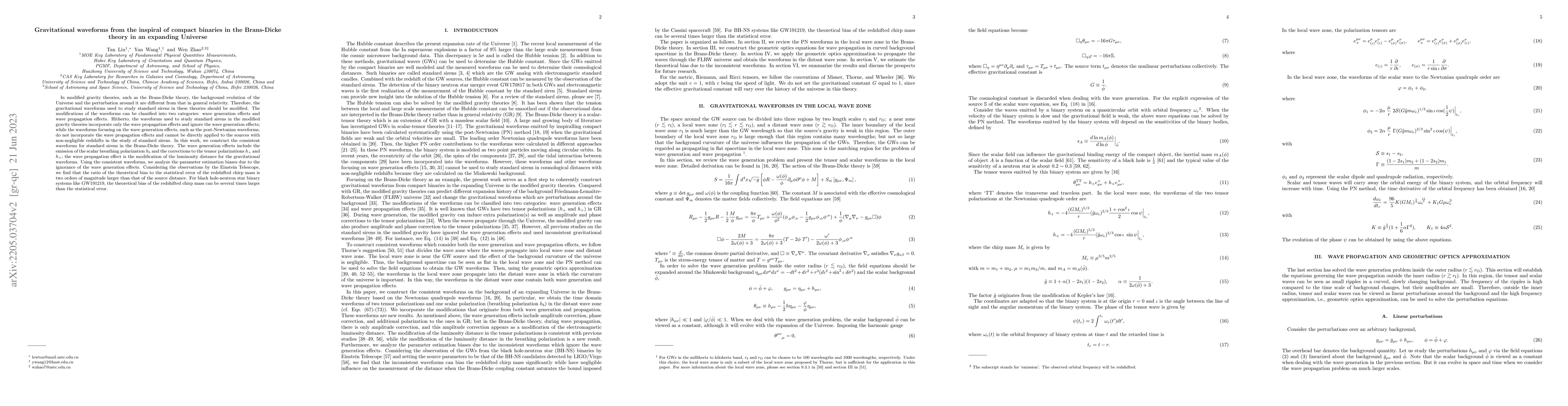 Thumbnail for Gravitational waveforms from the inspiral of compact binaries in the
  Brans-Dicke theory in an expanding Universe