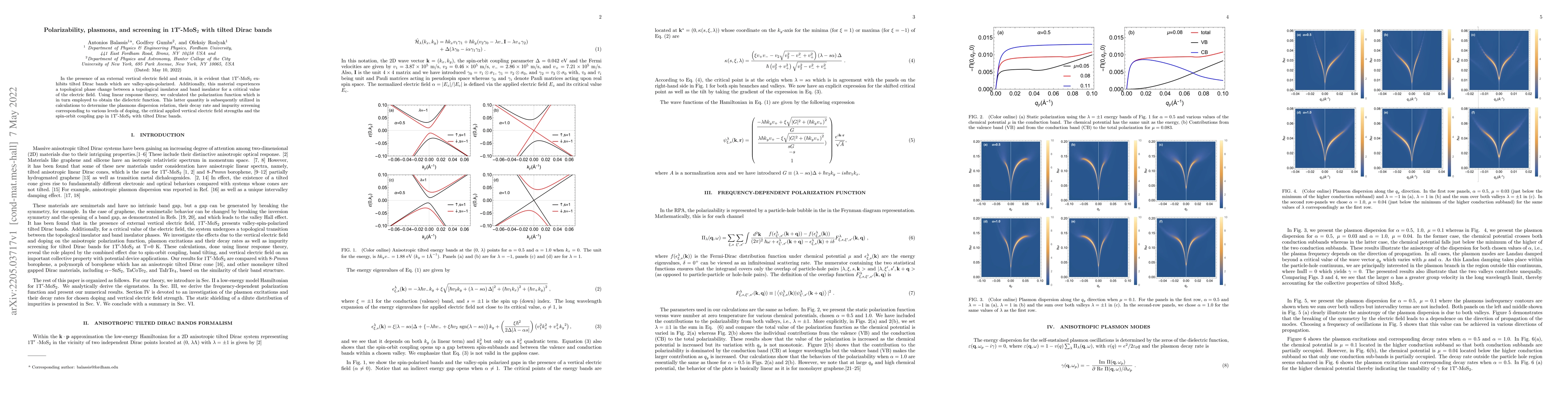 Thumbnail for Polarizability, plasmons, and screening in 1T${^\prime}$-MoS$_2$ with
  tilted Dirac bands