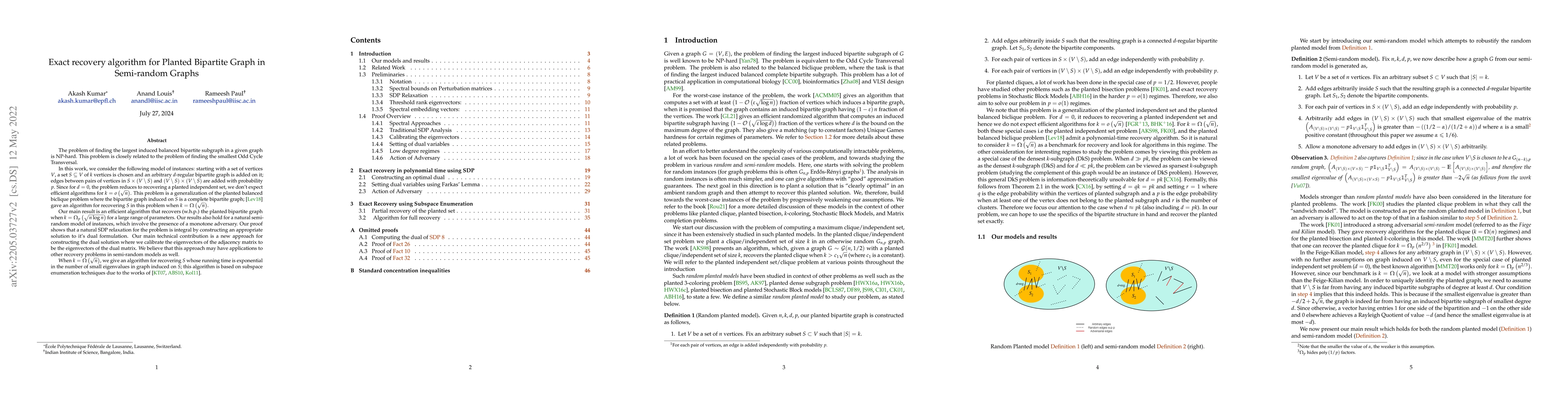 Thumbnail for Exact recovery algorithm for Planted Bipartite Graph in Semi-random
  Graphs