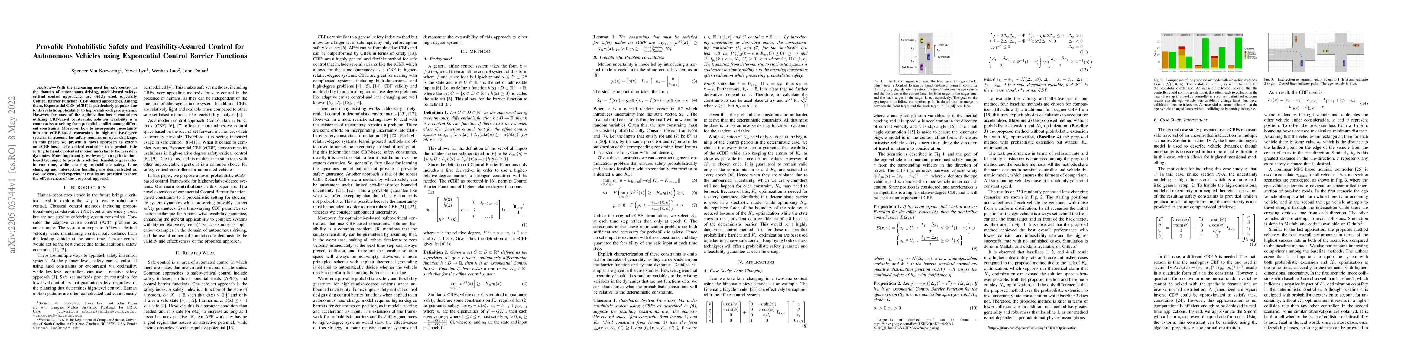Thumbnail for Provable Probabilistic Safety and Feasibility-Assured Control for
  Autonomous Vehicles using Exponential Control Barrier Functions