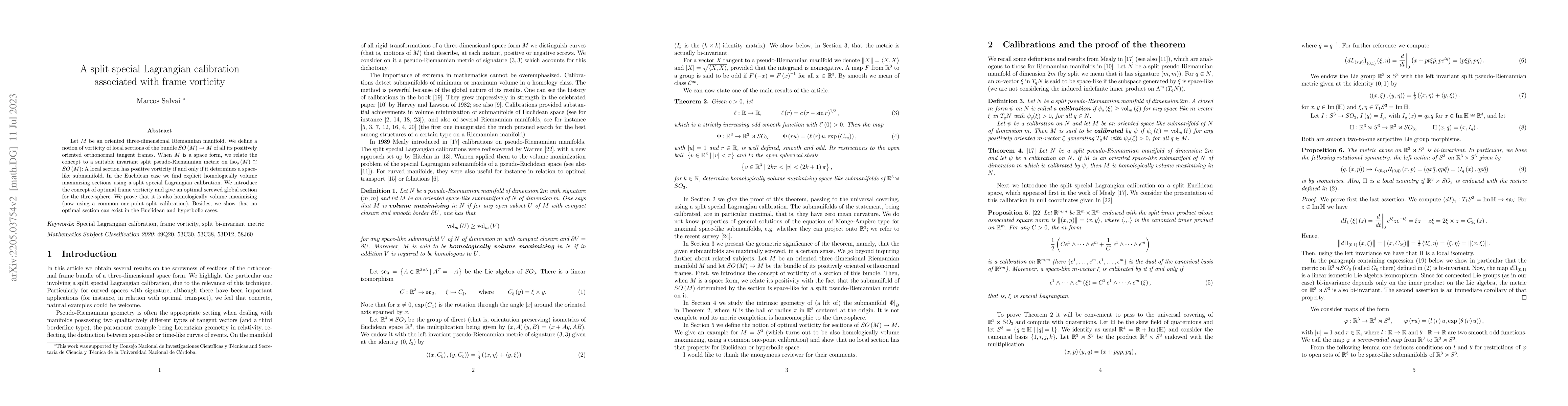 Thumbnail for A split special Lagrangian calibration associated with frame vorticity