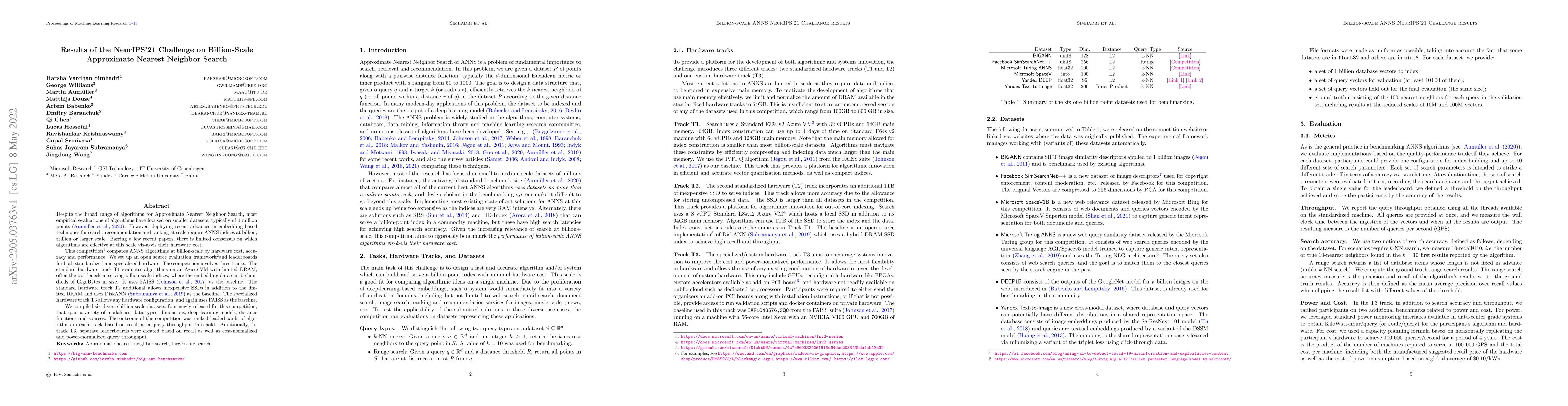 Thumbnail for Results of the NeurIPS'21 Challenge on Billion-Scale Approximate Nearest
  Neighbor Search