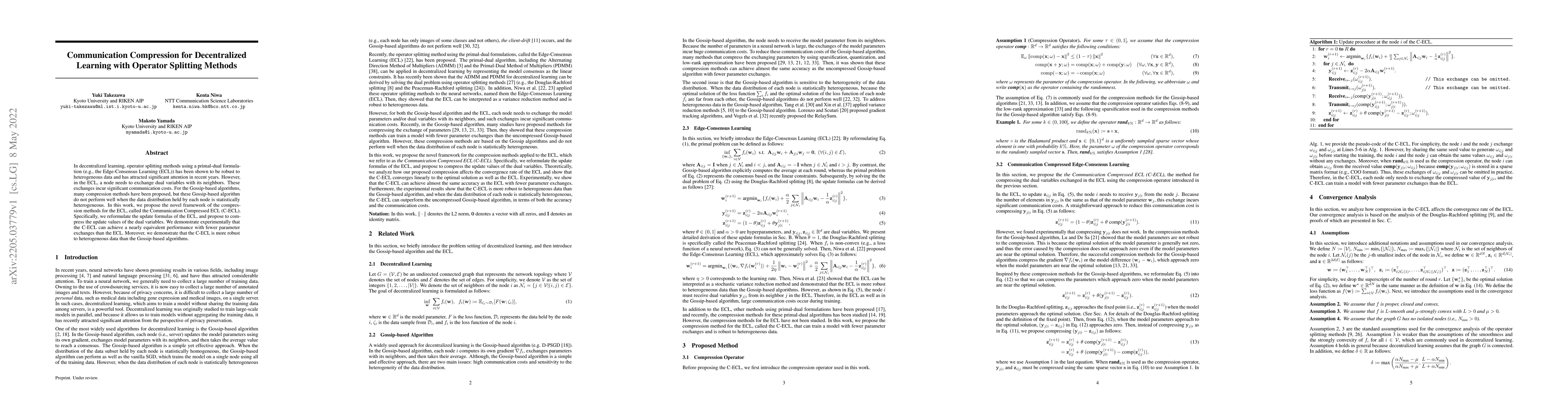 Thumbnail for Communication Compression for Decentralized Learning with Operator
  Splitting Methods
