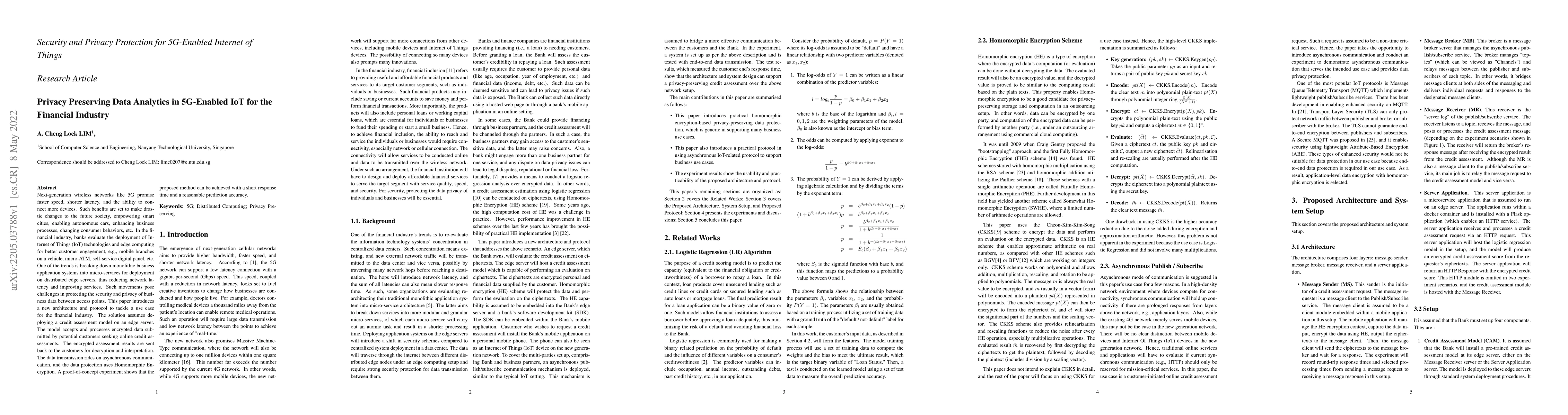 Thumbnail for Privacy Preserving Data Analytics in 5G-Enabled IoT for the Financial
  Industry