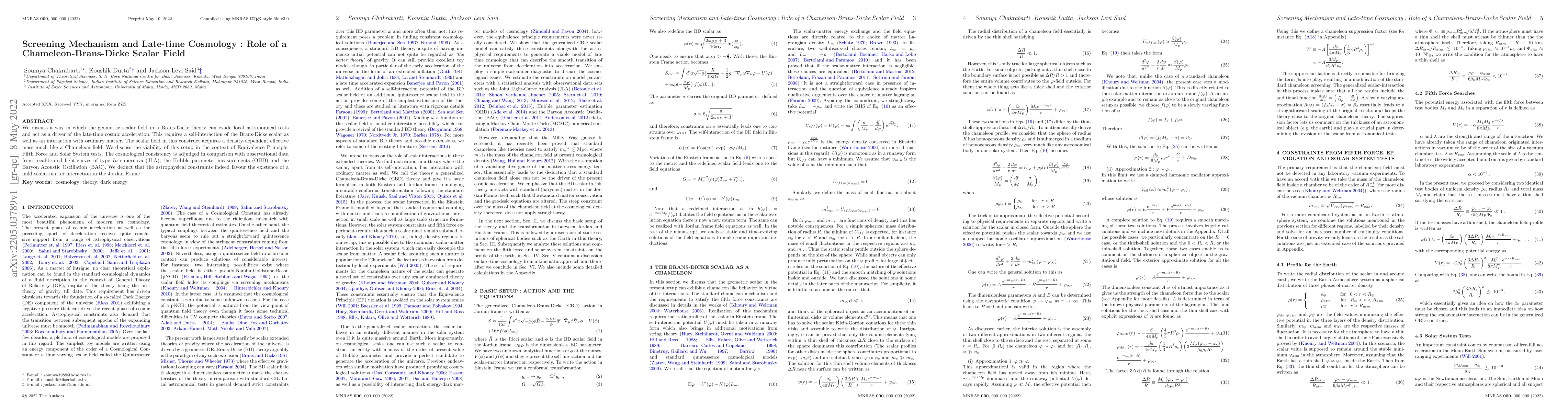 Thumbnail for Screening Mechanism and Late-time Cosmology: Role of a
  Chameleon-Brans-Dicke Scalar Field