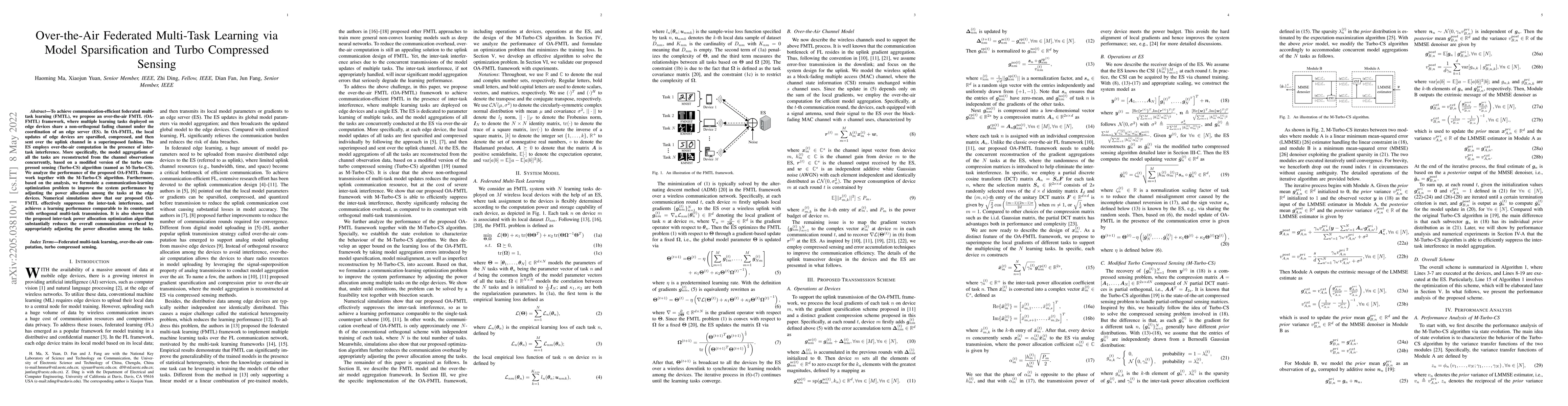 Thumbnail for Over-the-Air Federated Multi-Task Learning via Model Sparsification and
  Turbo Compressed Sensing