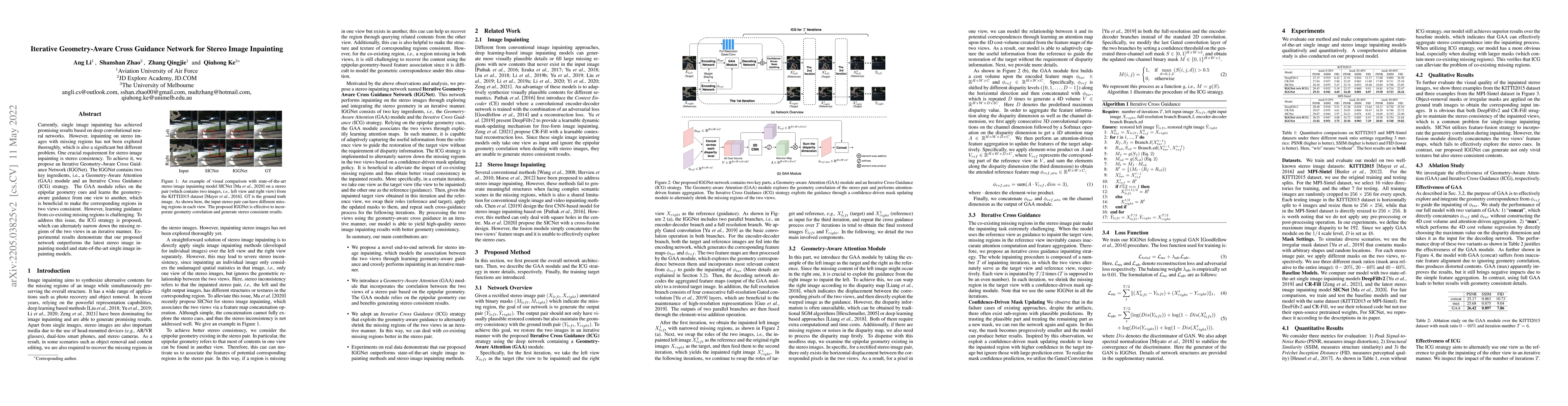 Thumbnail for Iterative Geometry-Aware Cross Guidance Network for Stereo Image
  Inpainting