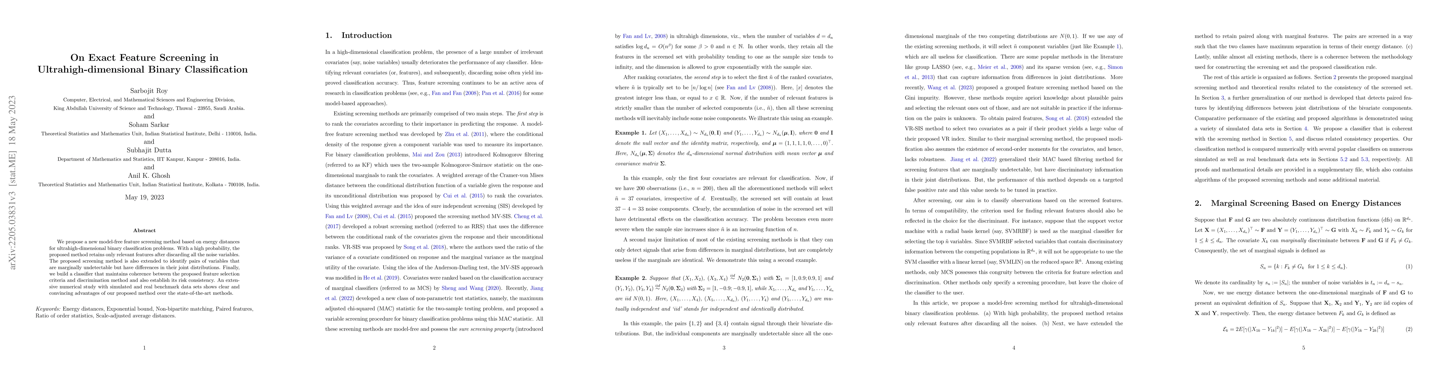 Thumbnail for On Exact Feature Screening in Ultrahigh-dimensional Binary
  Classification