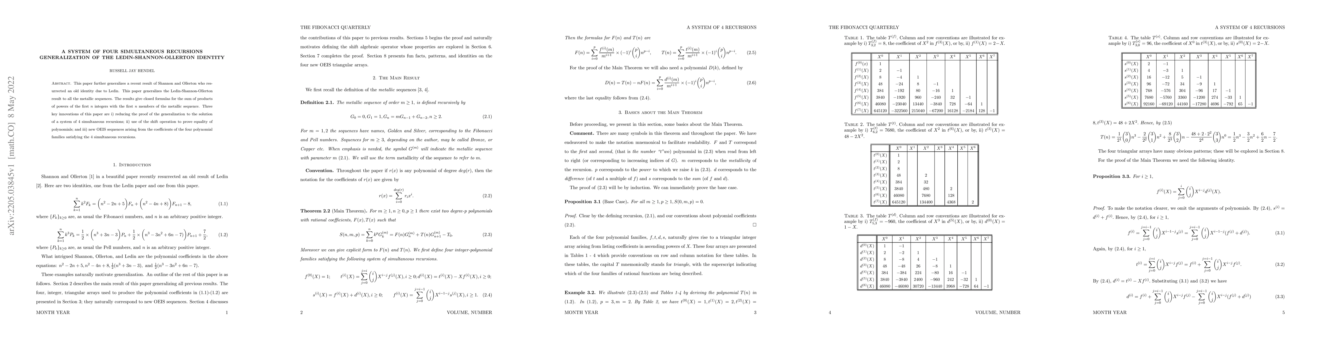 Thumbnail for A System of Four simultaneous Recursions: Generalization of the
  Ledin-Shannon-Ollerton Identity