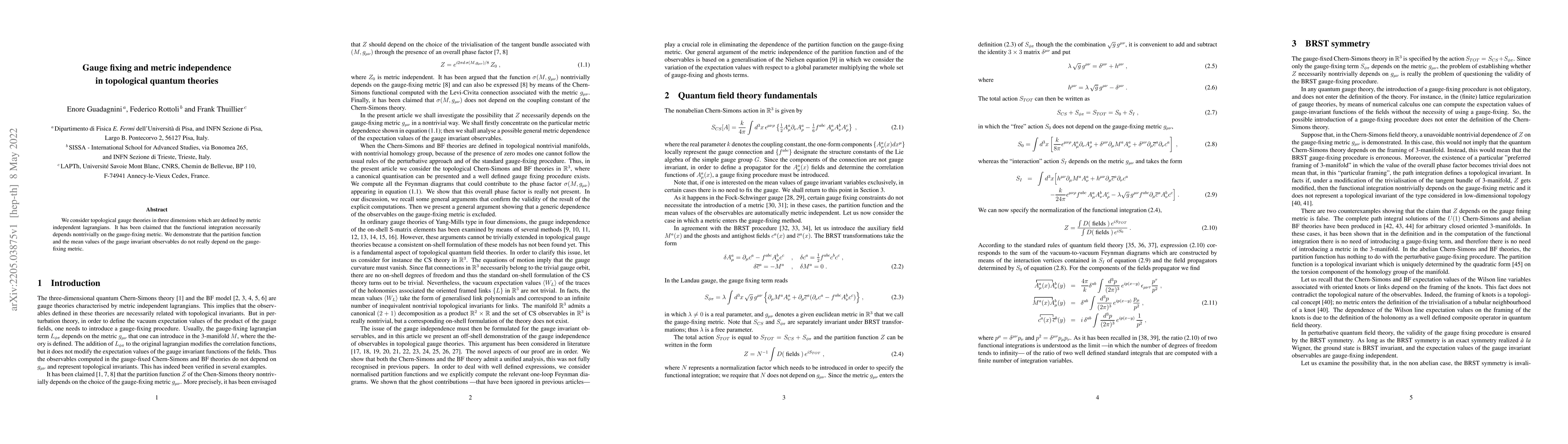 Thumbnail for Gauge fixing and metric independence in topological quantum theories