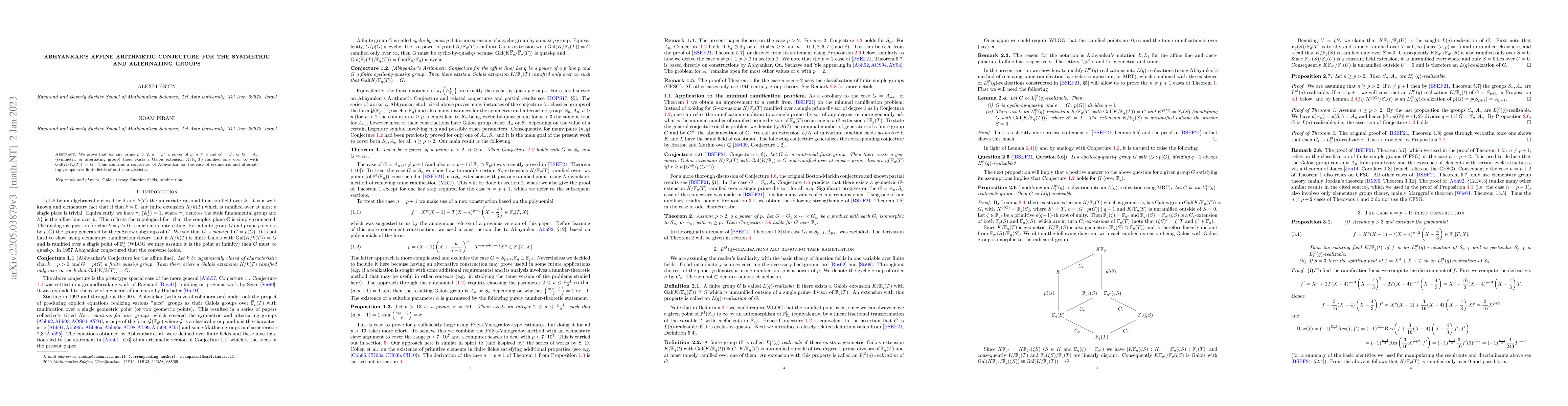 Thumbnail for Abhyankar's Affine Arithmetic Conjecture for the Symmetric and
  Alternating Groups