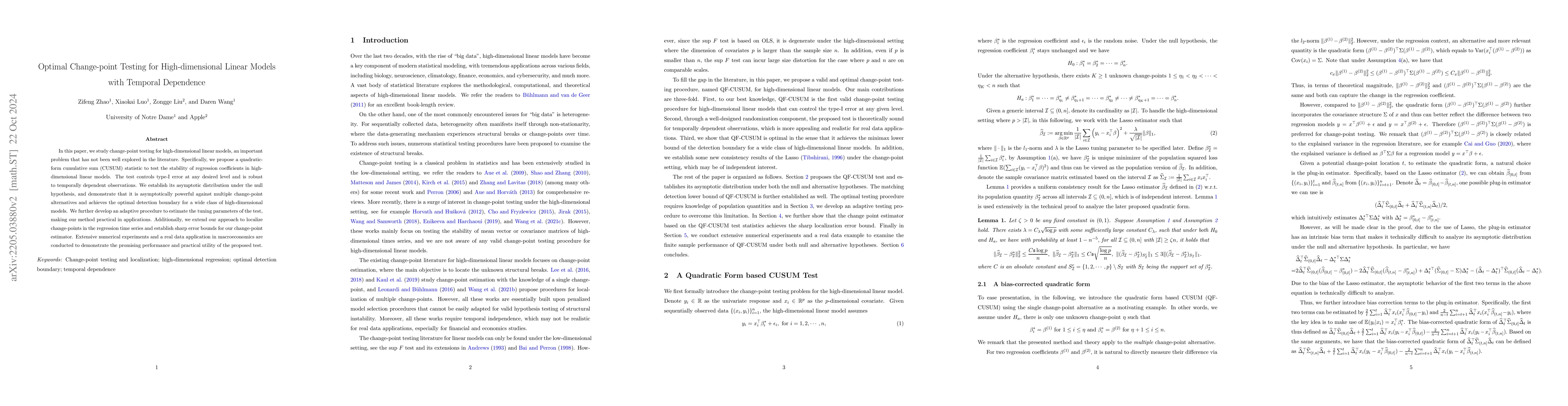 Thumbnail for Optimal Change-point Testing for High-dimensional Linear Models with
  Temporal Dependence