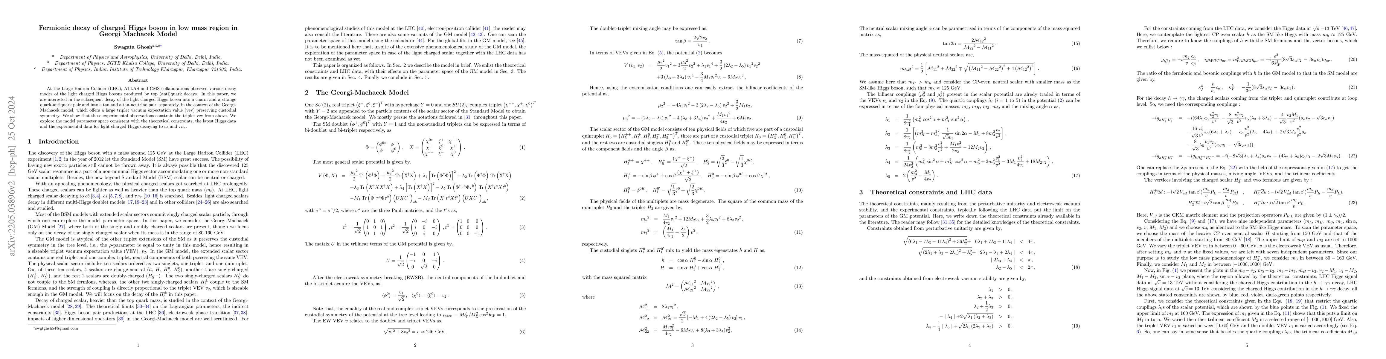 Thumbnail for Fermionic decay of charged Higgs boson in low mass region in Georgi
  Machacek Model