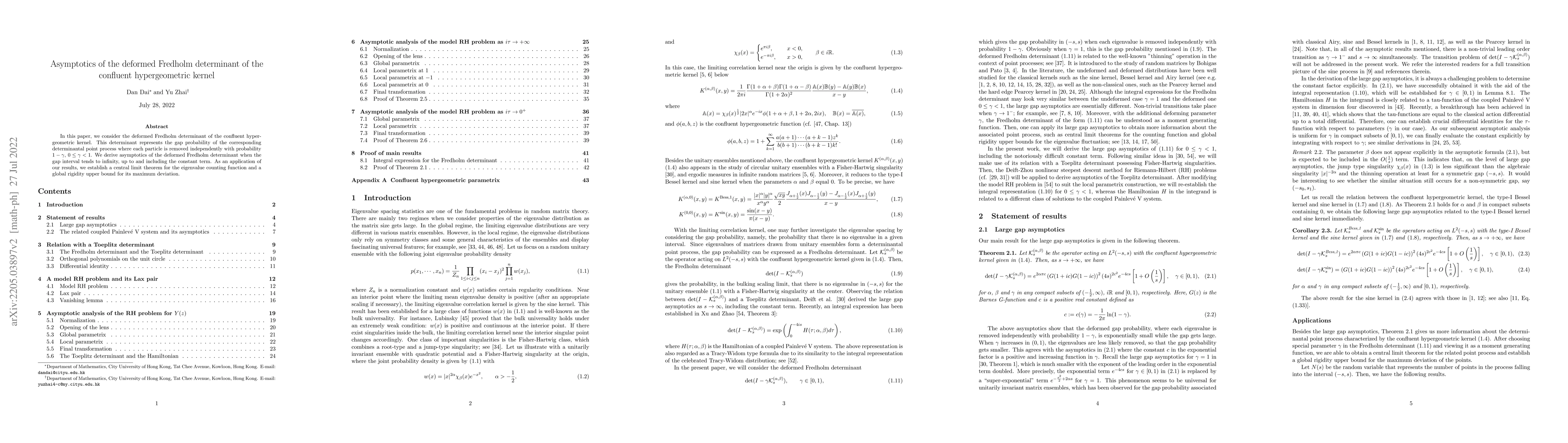 Thumbnail for Asymptotics of the deformed Fredholm determinant of the confluent
  hypergeometric kernel