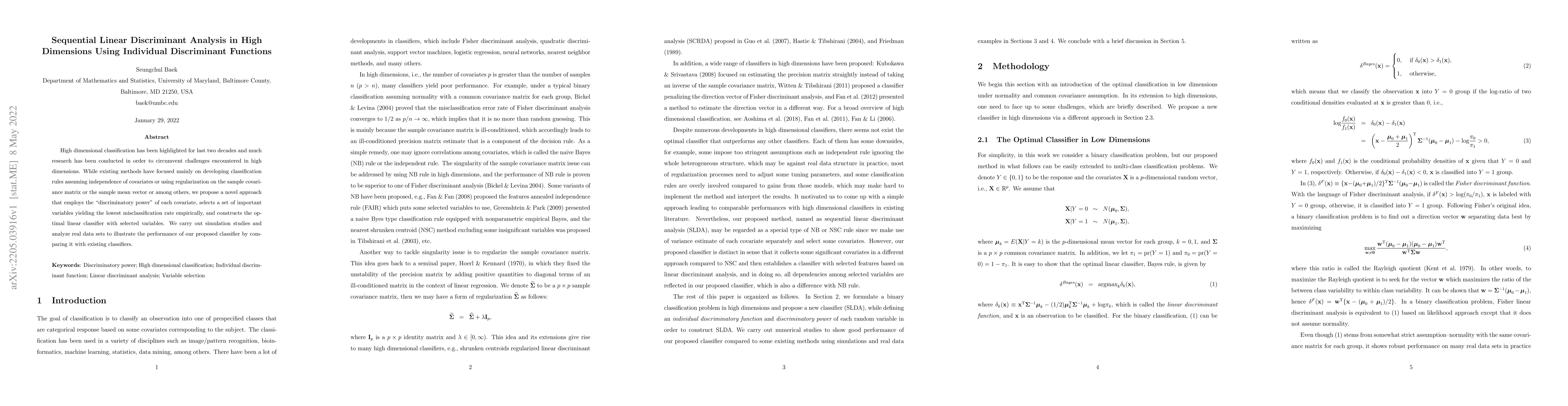 Thumbnail for Sequential Linear Discriminant Analysis in High Dimensions Using
  Individual Discriminant Functions