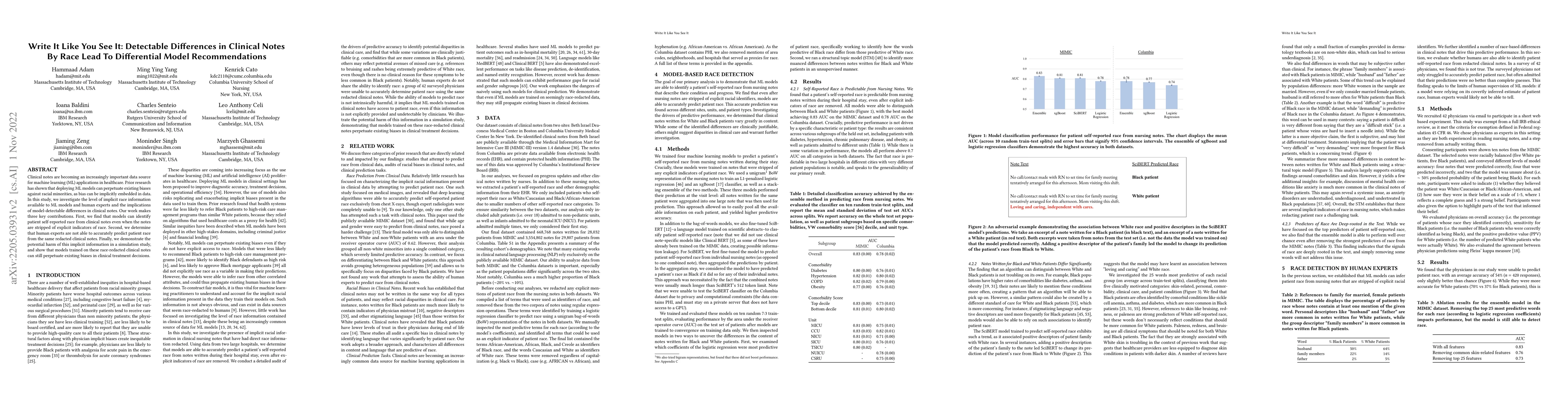 Thumbnail for Write It Like You See It: Detectable Differences in Clinical Notes By
  Race Lead To Differential Model Recommendations