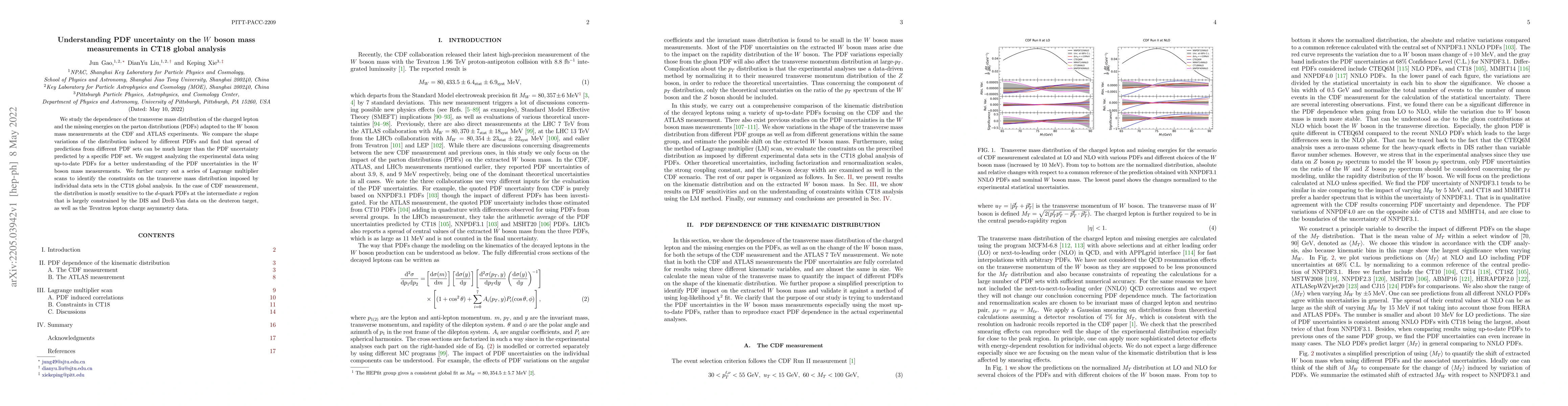 Thumbnail for Understanding PDF uncertainty on the $W$ boson mass measurements in CT18
  global analysis