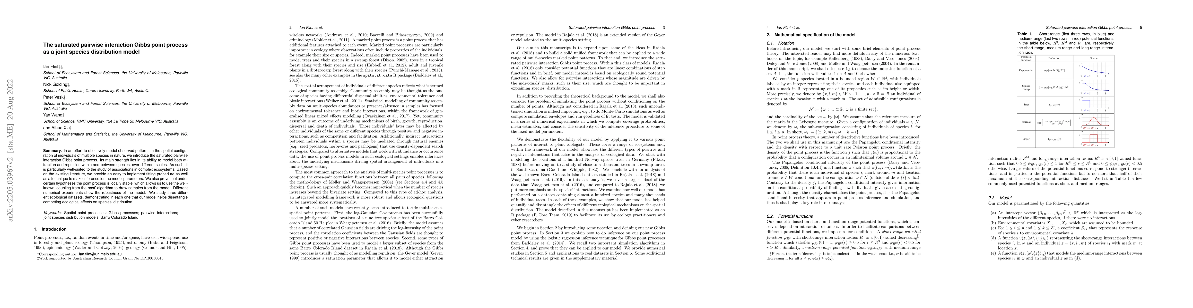 Thumbnail for The saturated pairwise interaction Gibbs point process as a joint
  species distribution model