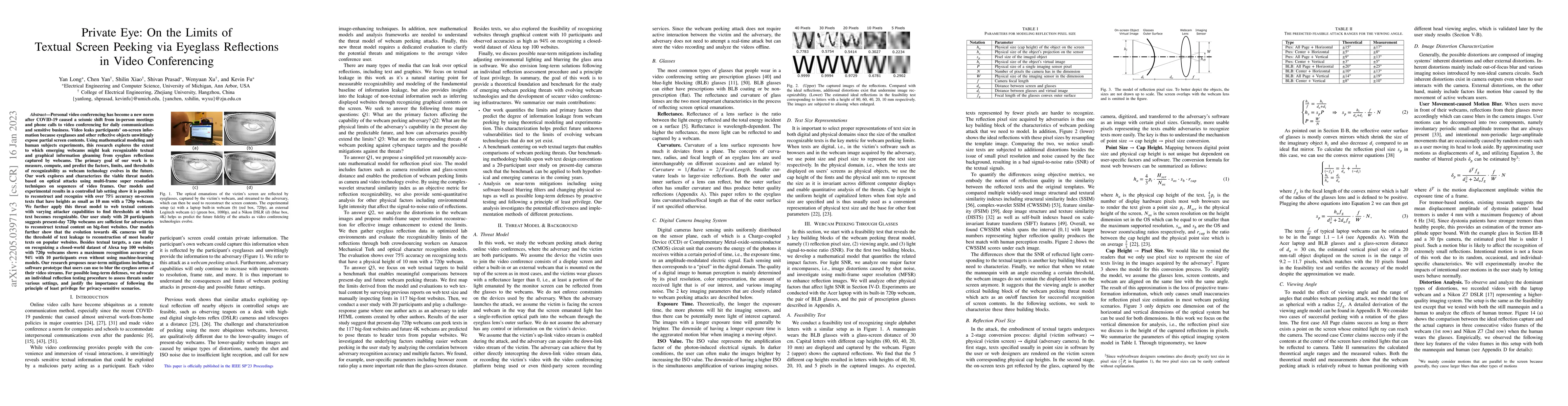 Thumbnail for Private Eye: On the Limits of Textual Screen Peeking via Eyeglass
  Reflections in Video Conferencing
