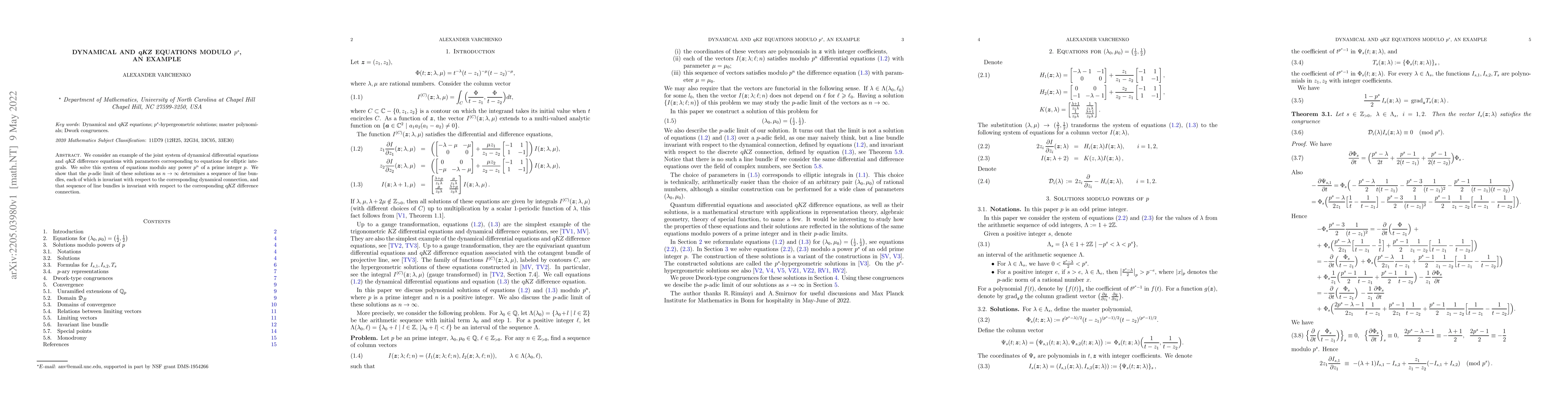 Thumbnail for Dynamical and qKZ equations modulo $p^s$, an example