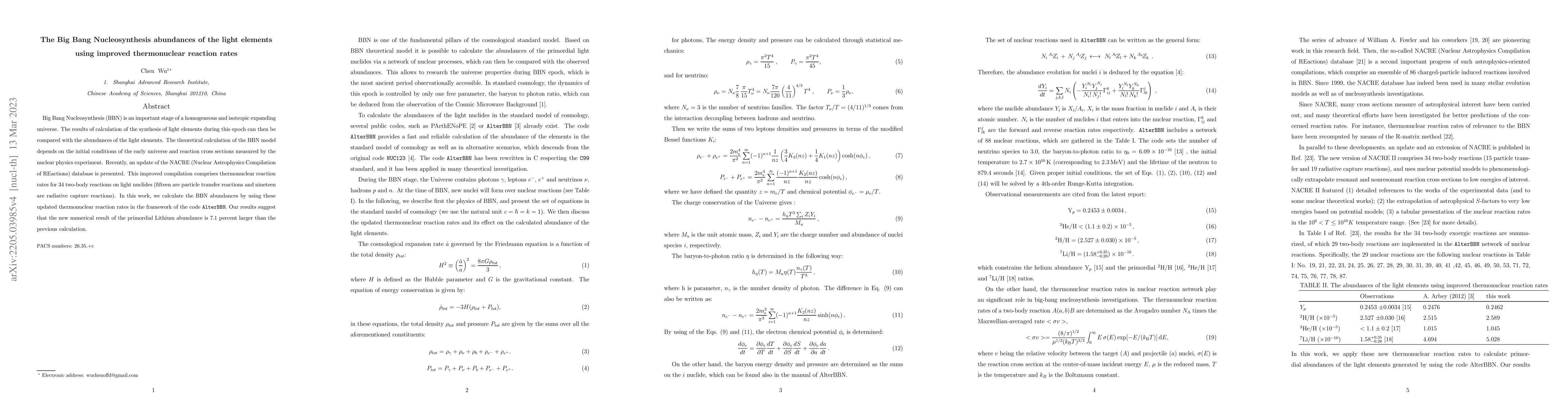 Thumbnail for The Big Bang Nucleosynthesis abundances of the light elements using
  improved thermonuclear reaction rates