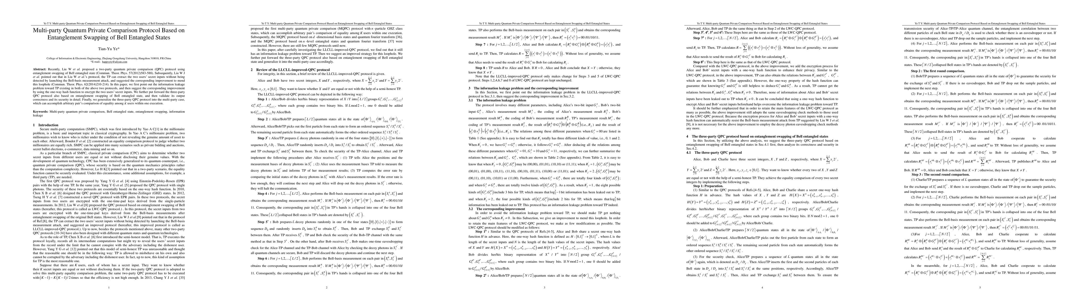 Thumbnail for Multi-party Quantum Private Comparison Protocol Based on Entanglement
  Swapping of Bell Entangled States