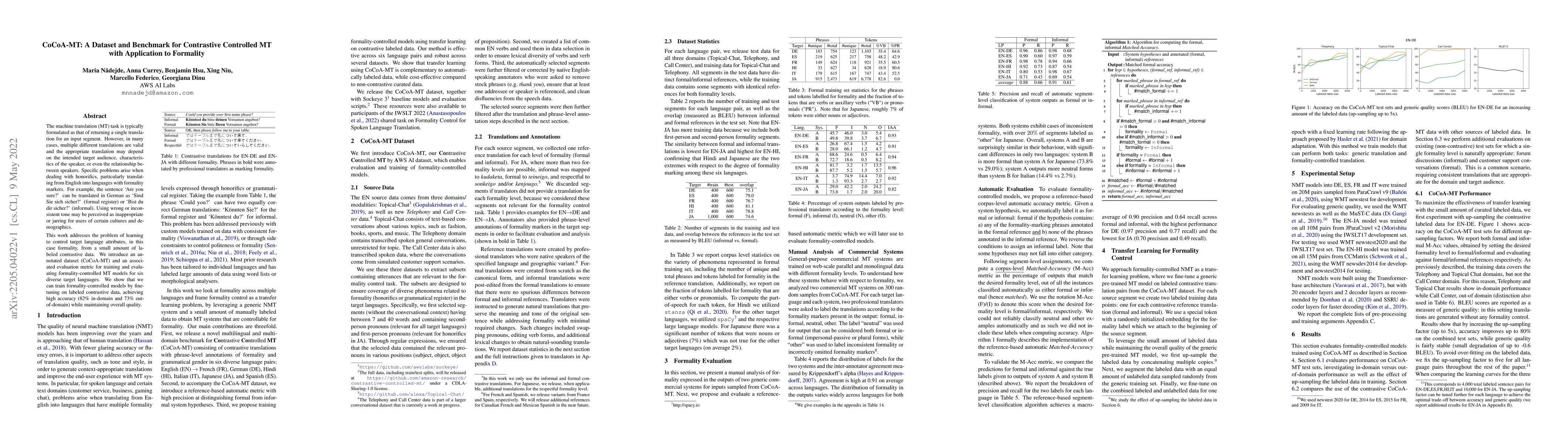 Thumbnail for CoCoA-MT: A Dataset and Benchmark for Contrastive Controlled MT with
  Application to Formality