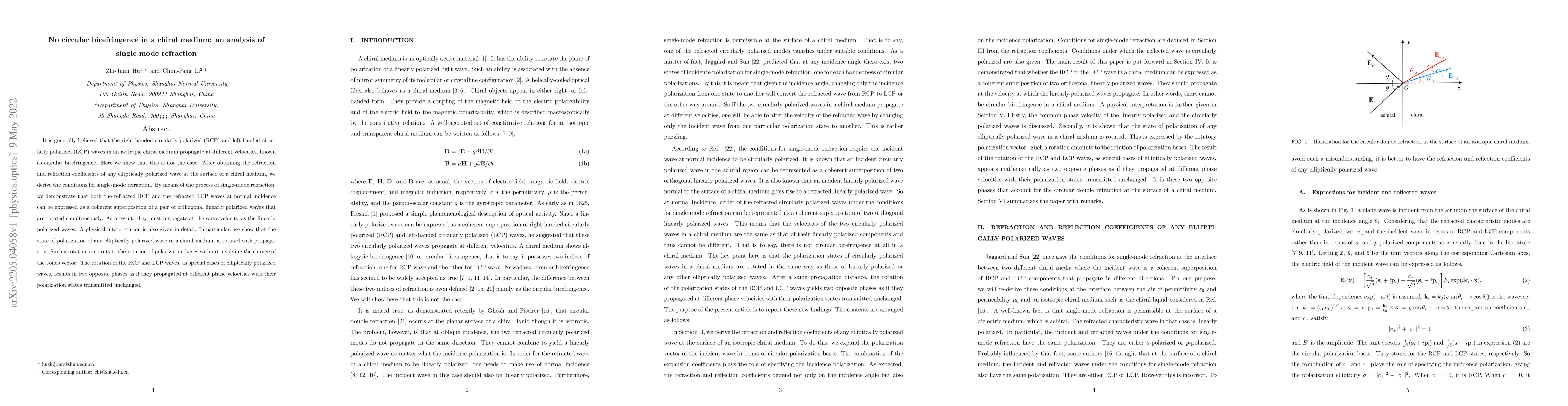 Thumbnail for No circular birefringence in a chiral medium: an analysis of single-mode
  refraction